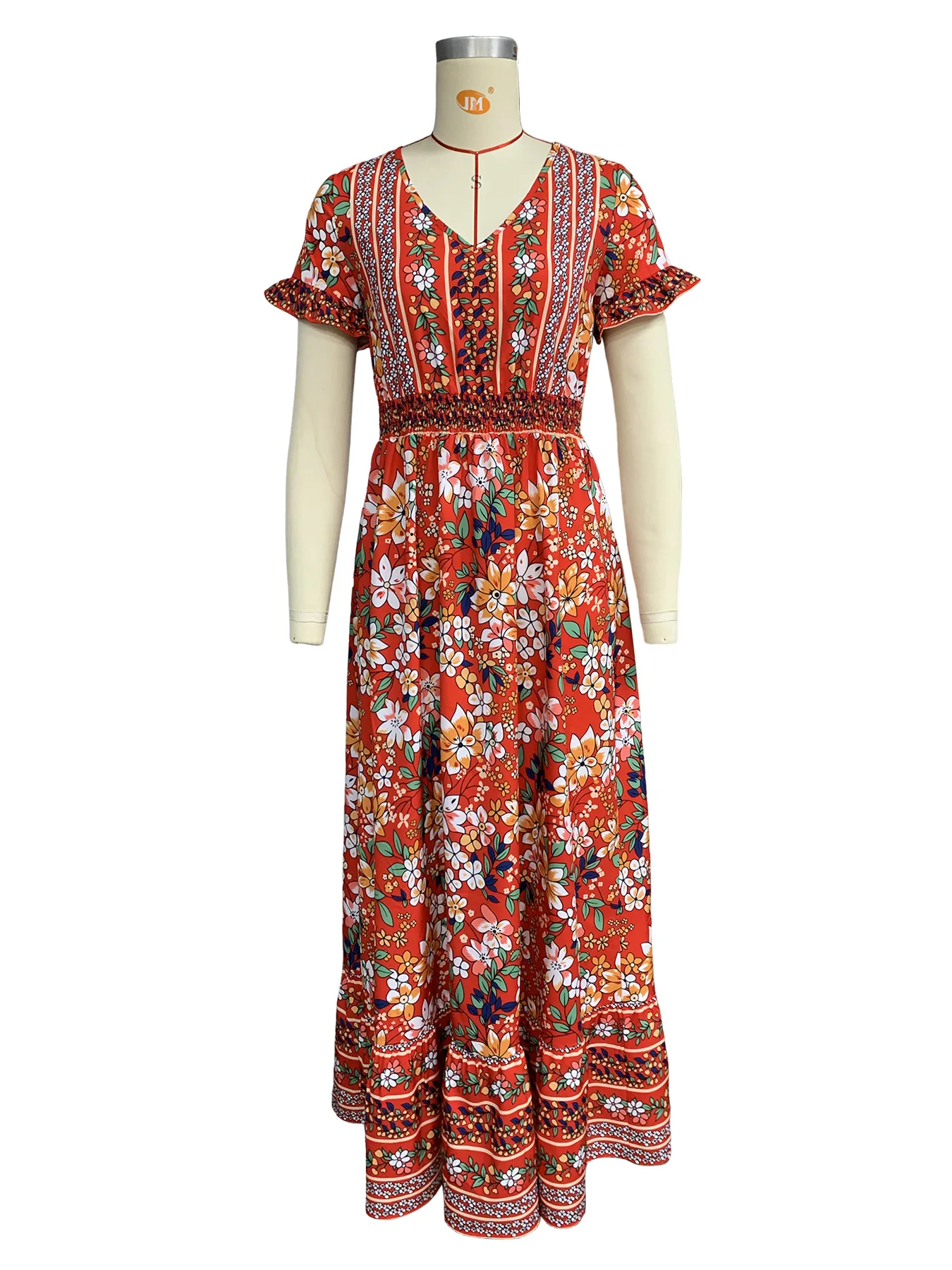 BAMBOOBOY Vintage Bohemian Floral Summer Long Dress Printed Women V-Neck Short Sleeve High Waist Ladies Casual A-Line Sundress