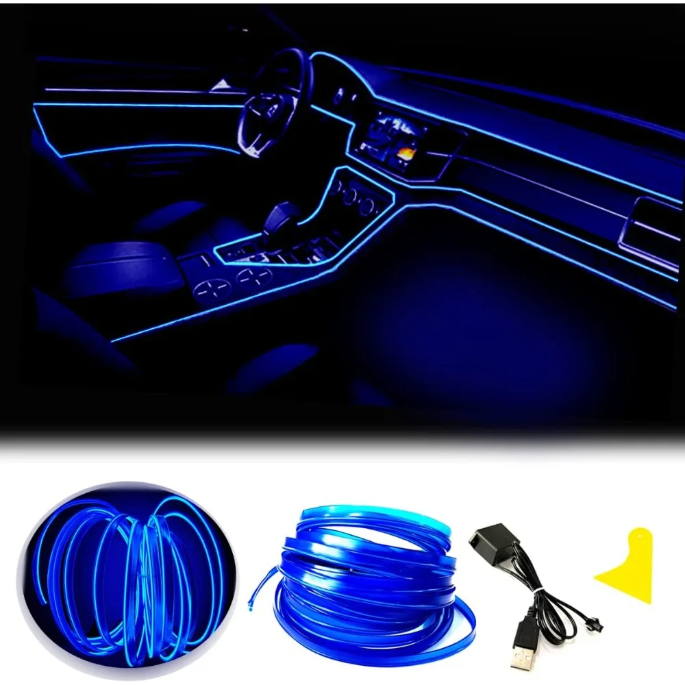 

el wire blue interior car led strip lights, 10m neon wire usb 5v with fuse protection for automotive interior decoration, with 6