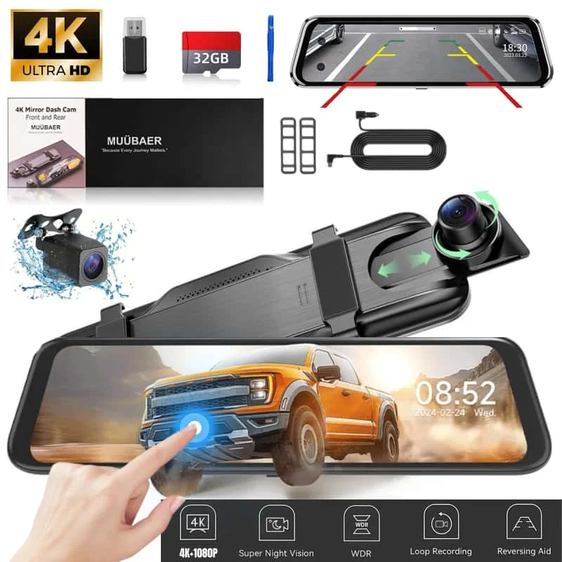 9.66'' IPS Touch Screen 4K Front & Rear Mirror Dash Cam, Dual Lens, G-Sensor, Loop Recording, Parking Assistance, Backup Camera
