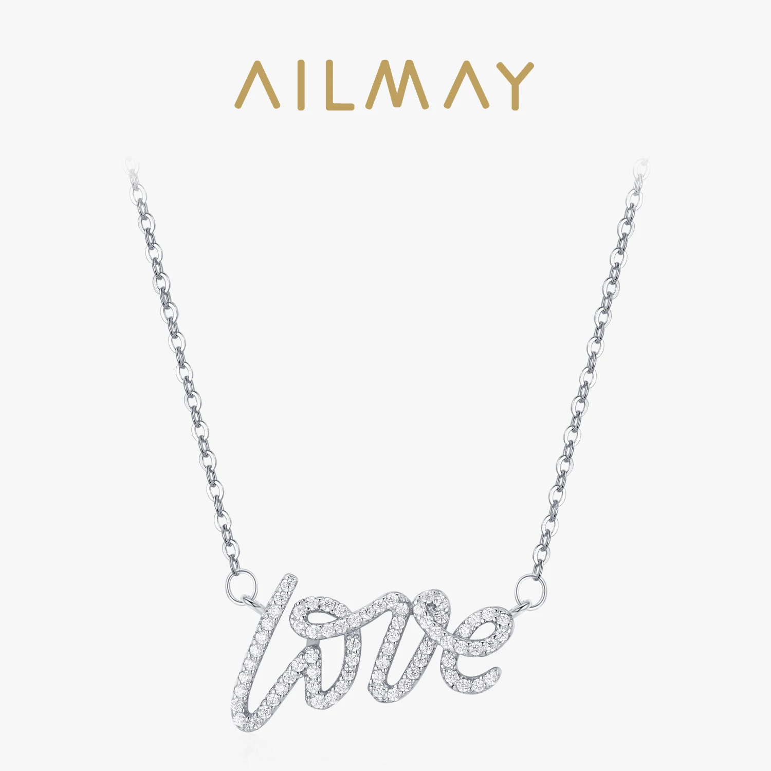 Ailmay Authentic 925 Sterling Silver Elegant Love Letter CZ Pendant Necklace for Women Wedding Engagement Fine Jewelry