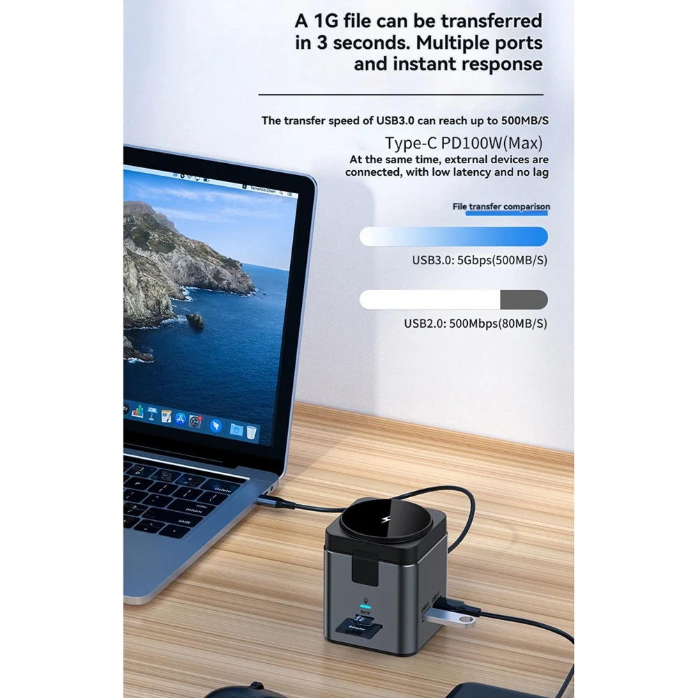 

Док-станция A32M 9-в-1 Type-C с магнитной беспроводной зарядкой 15 Вт, USB-C хаб с USB3.0x3, HD 4K@30Гц, PD100W, Gigabit