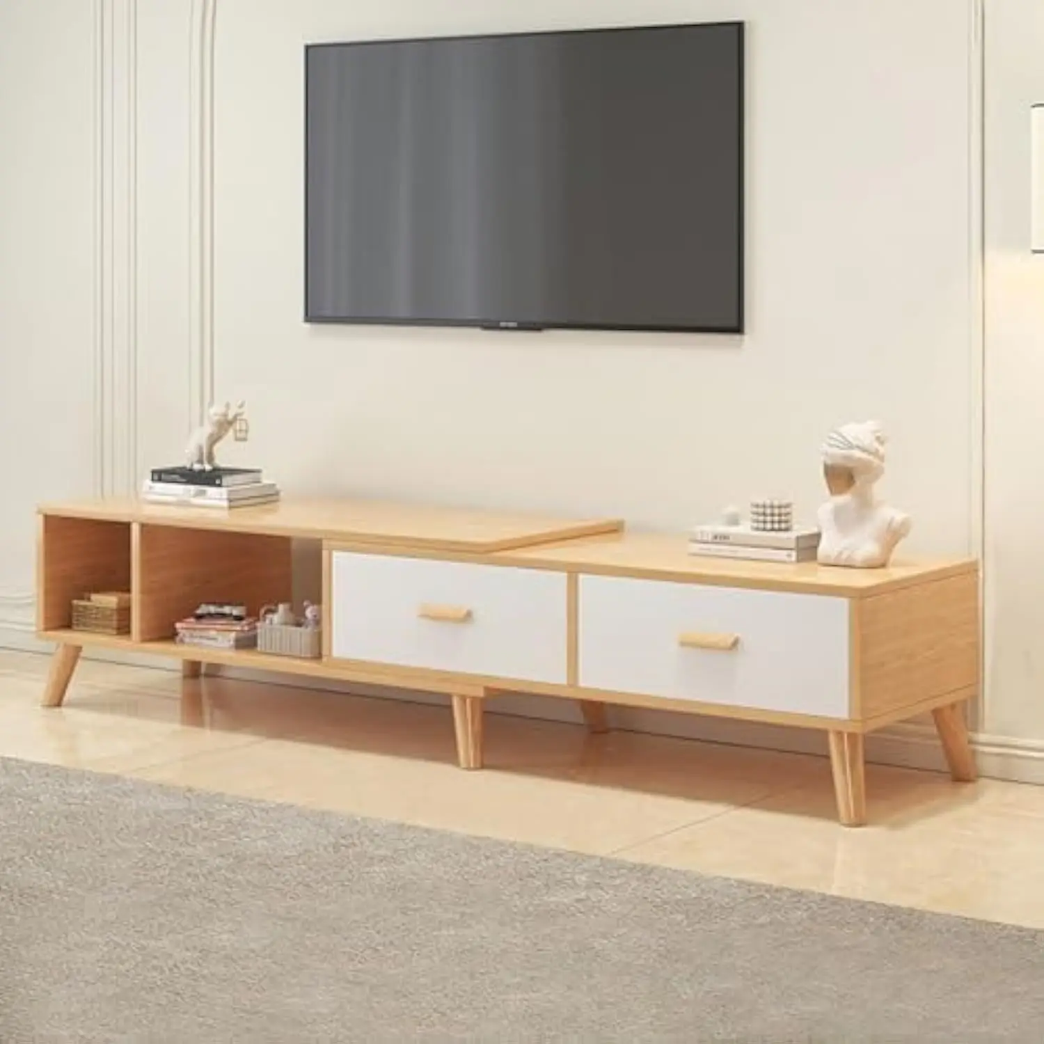 

TV Stand for TVs Up to 70 Inch, Entertainment Center with 2 Drawers and Open Shelves, Retractable TV Stand Console Table, Media