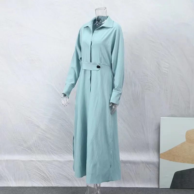 Plus Size Women Dress Autumn Solid Casual V Neck Lapel Long Sleeve Elegant Dress Women Long Skirt Pocket Lady Streetwear Dresses