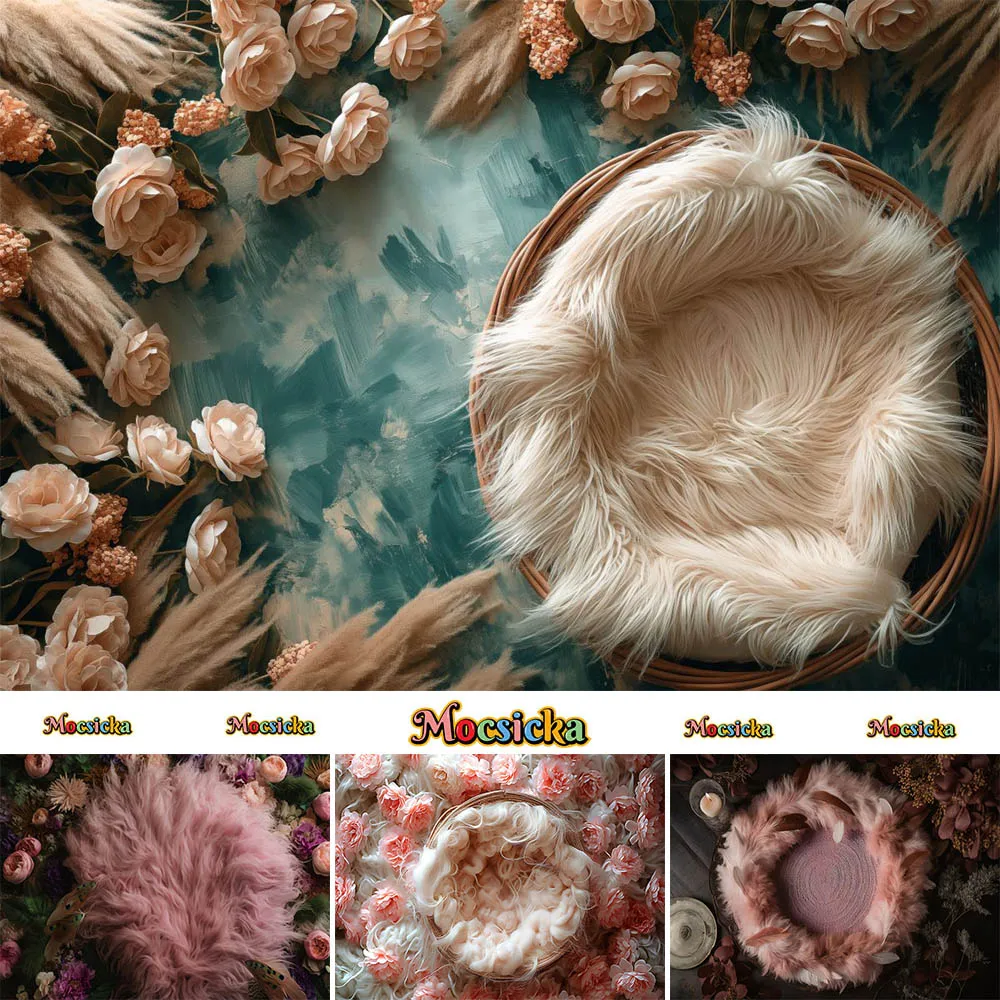 Mocsicka Photography Background Volorful Floral Basket Decoration Newborn Baby 1st Birthday Portrait Photo Backdrops Studio Prop