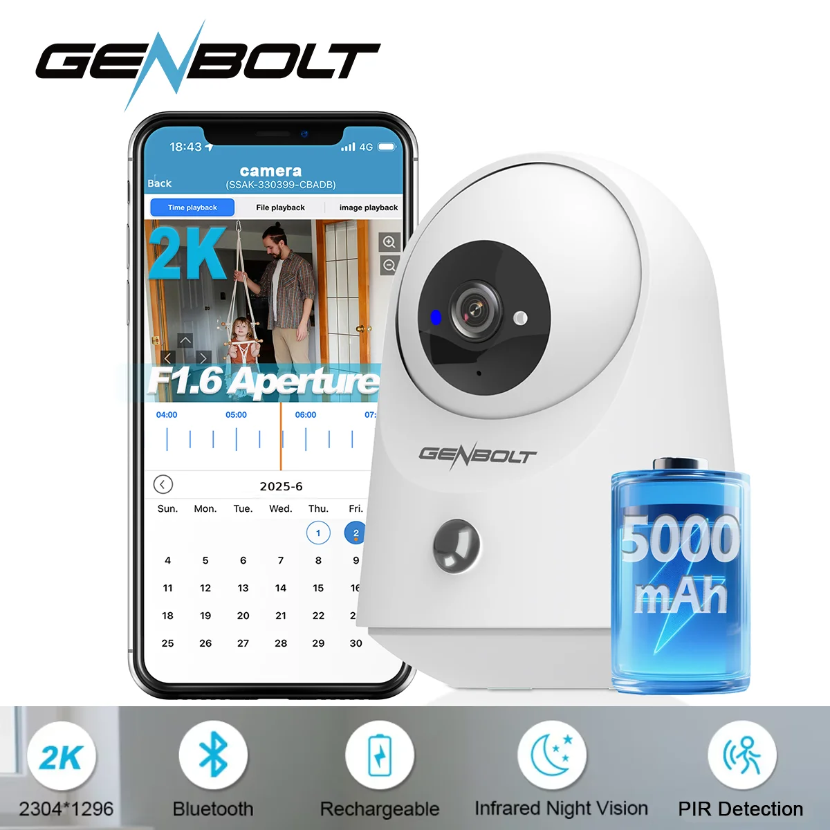 

Беспроводная Wi-Fi камера GENBOLT 2K с аккумулятором 5000 мАч, поворотная, с PIR-датчиком движения, для домашнего использования, наблюдения за детьми, нянями и домашними животными