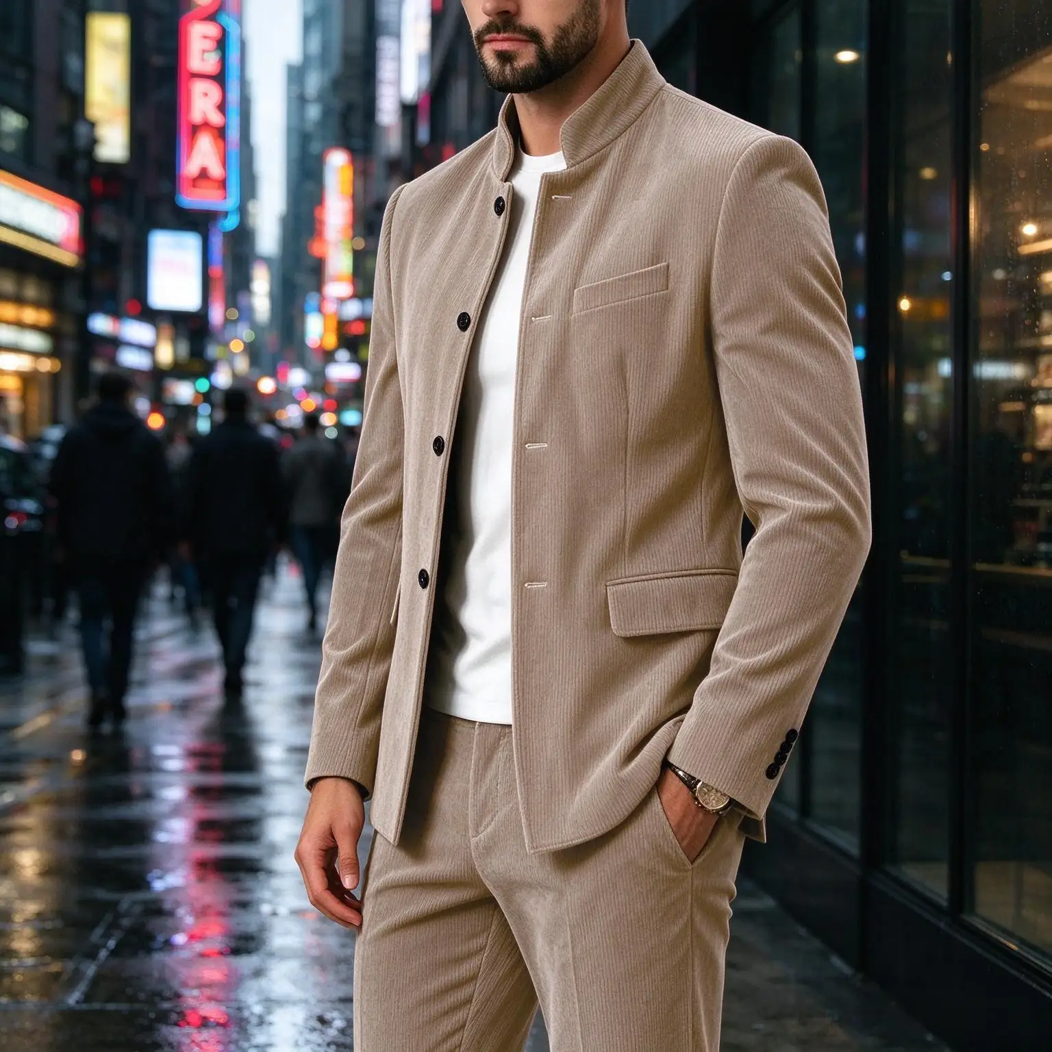Men Corduroy 2‑Piece Suit Set Mandarin Collar Blazer Pants Solid Color Business Casual Male Outfit For Office Party Dating