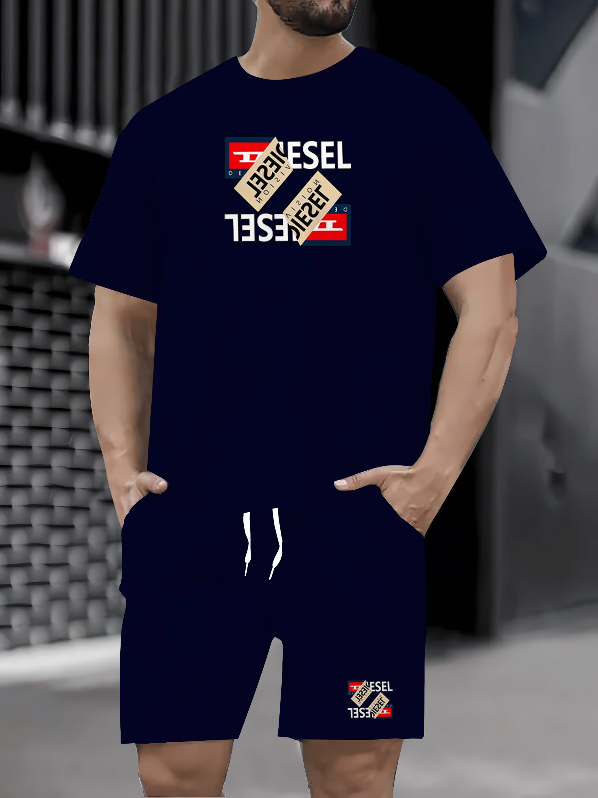 

2025 summer high-definition pattern printed men's short sleeved T-shirt and waist cinched shorts two-piece casual sports routine