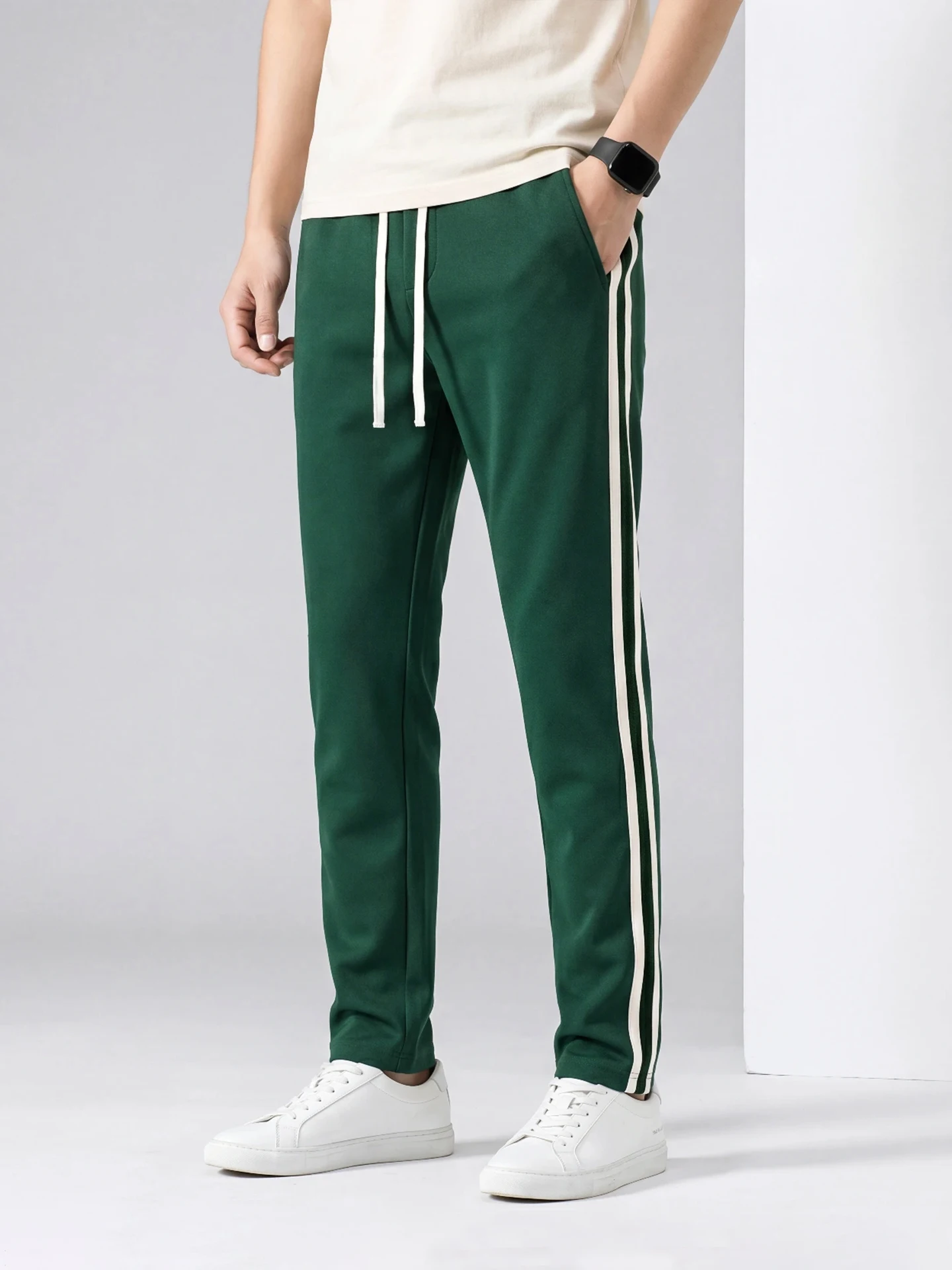 Ele Spor een Casual Pants for Men Slim Fit Side Striped Straight Leg Trousers Spring Autumn Seasonal Belted Sweatpants
