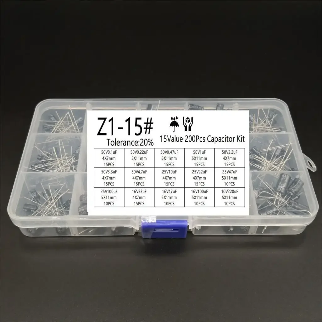 200pcs/lot Radial capacitors set 15Values 10V 16V 25V 50V 0.1uF-220uF Electrolytic Capacitor Assortment Kit 0.22uf 2.2uf 100uf