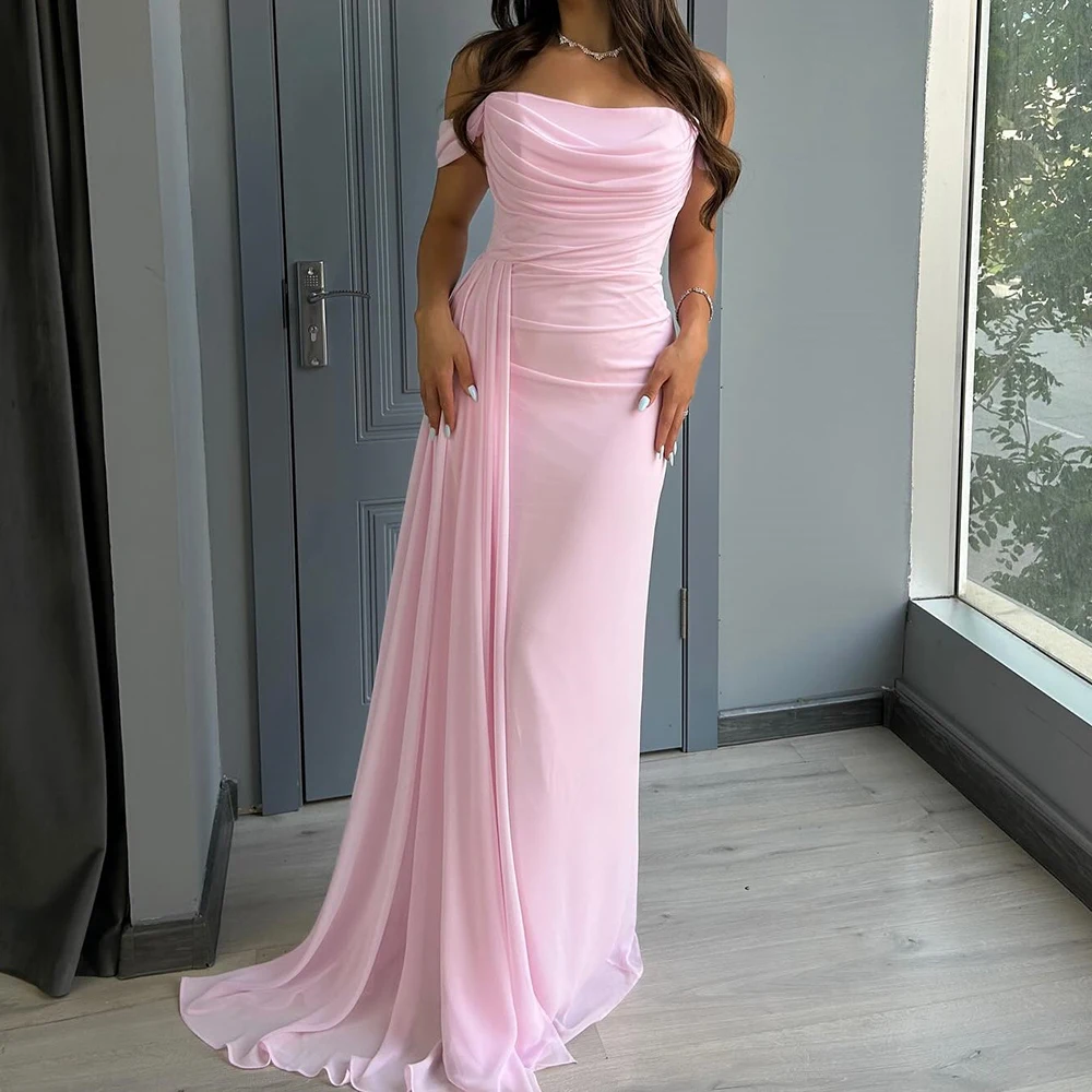 

Customized A-line Evening Dresses Floor-length Off The Shoulder Sleeveless Prom Gown Simple Fashion Pleat Draped Party Gown