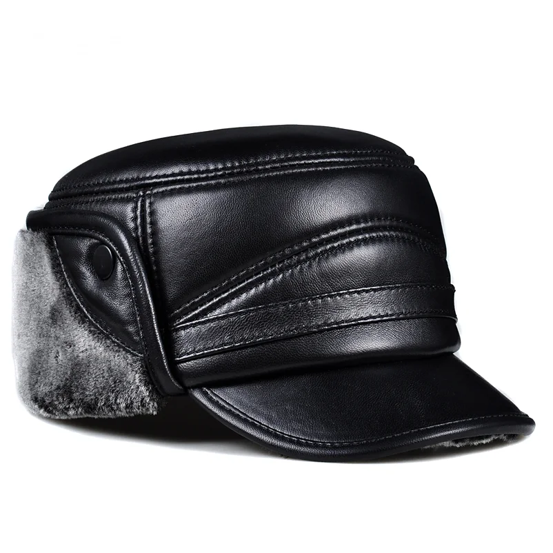 Fashion Winter Thick Warm Earmuffs Cap Genuine Leather Hat Sheepskin Leather Army Military Hat Flat Cap Velvet Hats Men Women