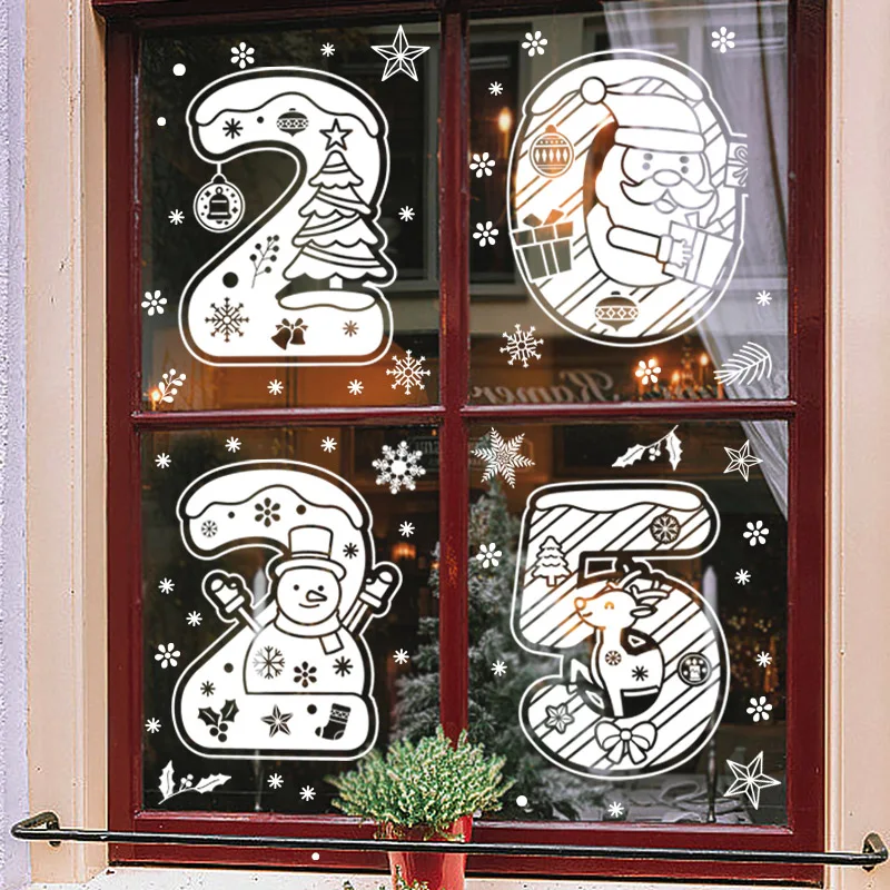 2025 Merry Christmas Window Sticker New Year Electrostatic Glass Sticker Santa Claus Snowflake DIY Decal Home Room Decorations