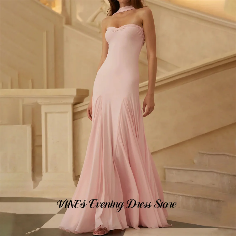

VINES Pink Flowing Evening Dress Sleeveless Party Dress Draped vestidos de fiesta Fishtail Sweep Train Prom Gowns Customized