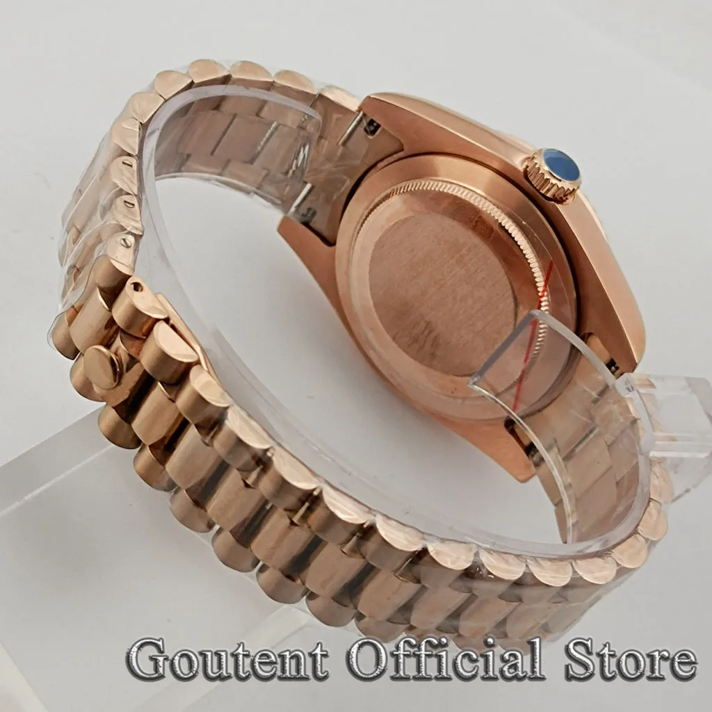 Goutent 36mm/40mm Rose Gold Watch Case President Strap Fit NH35 NH36 Miyota 8215/821A,DG2813 3804,ETA 2836 2824 PT5000 Movement