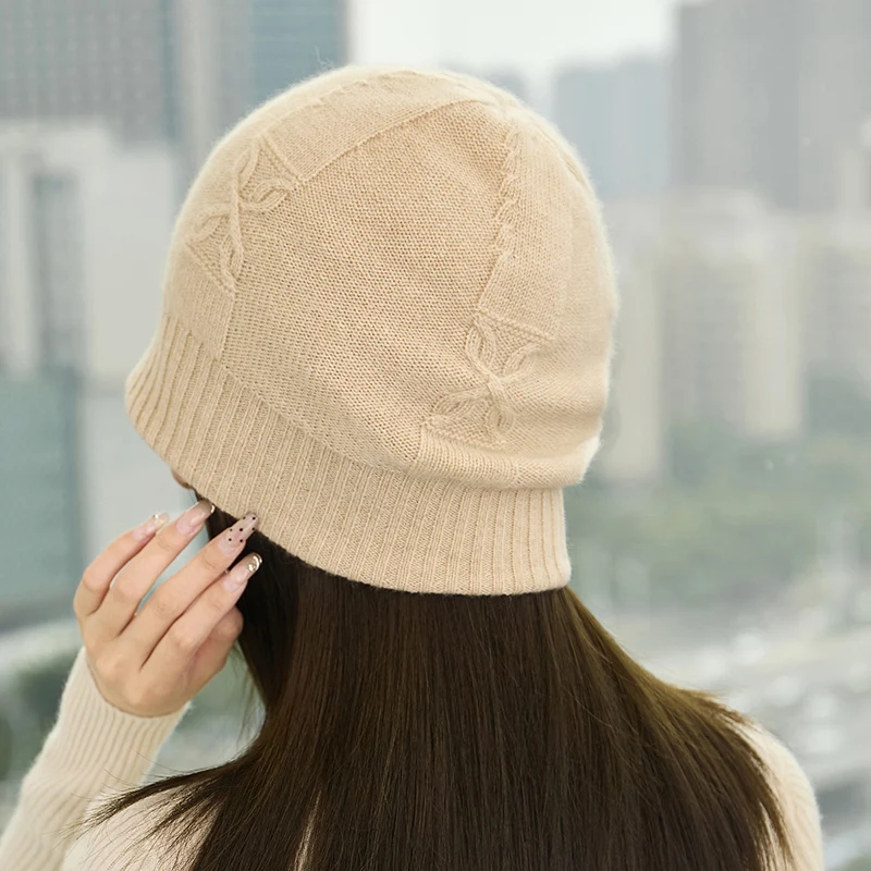 Ladies' Winter Double layer Thickened 100% Pure Cashmere Knitted beanie Elegant Solid Color Outdoor Warm and Windproof Bean Hat