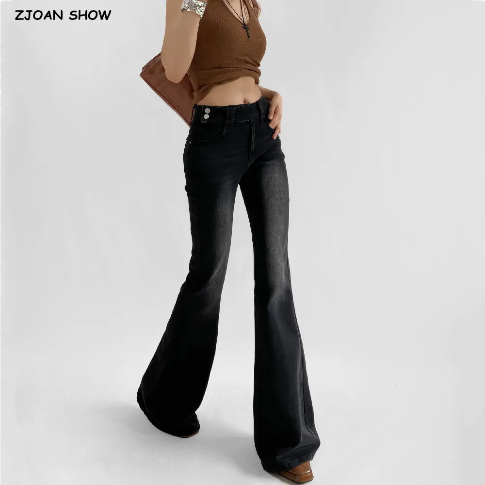 2025 Autumn Sexy Side Buttons High Waist Floor Length Flare Jeans Women Vintage Stretch Denim Pants Streetwear Long Trousers