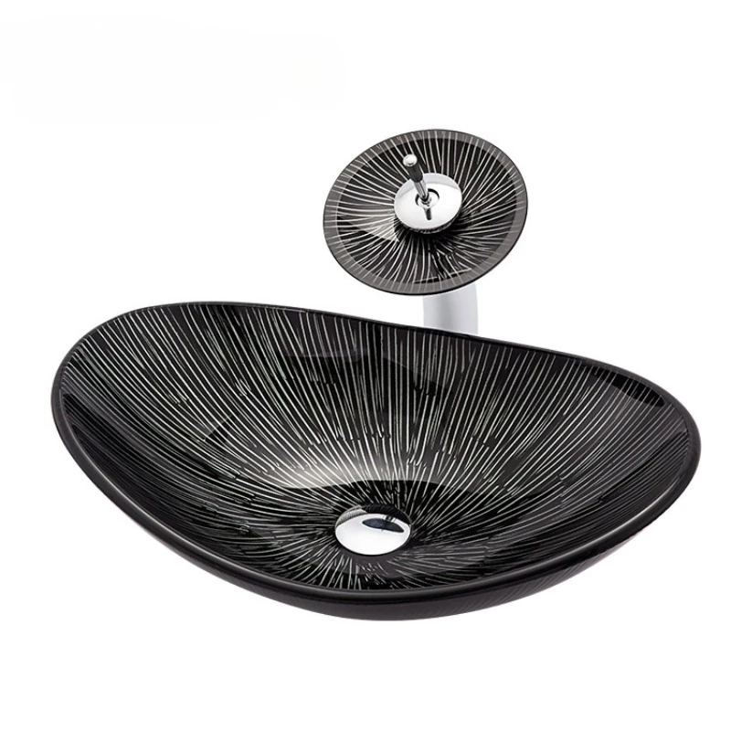 Sanitary Ware Round Square Bright Black Striped Tempered Glass Bathroom Sink Hotel Washroom Countertop Washbasin With Drain Sets