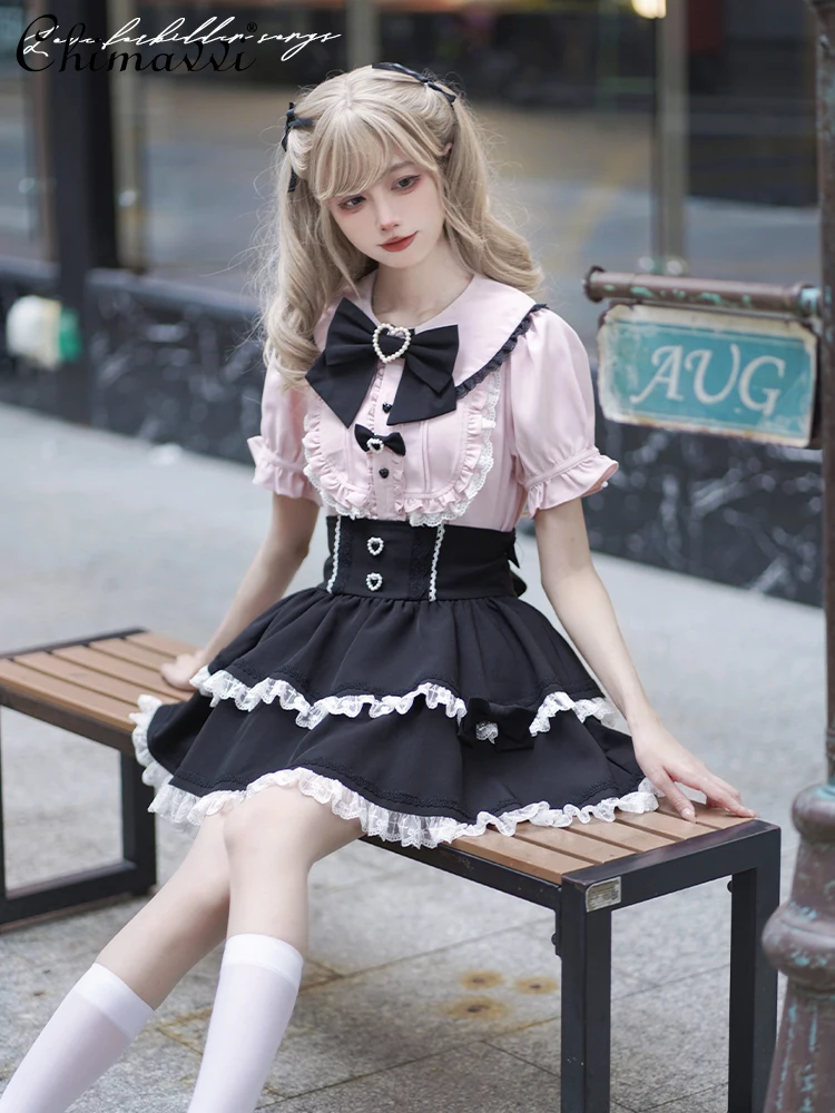 

Sweet Girl Ladies Two-piece Set 2024 New Summer Japanese Lolita Short Sleeve Student Shirt High Waist Skirt Set Kawaii Outfits