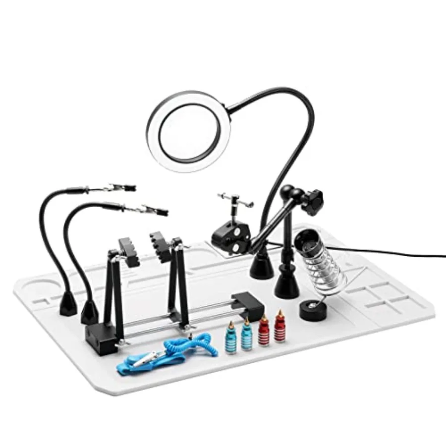 

2-in-1 Magnetic Helping Hands, Luxurious Soldering Repair Station with Silicone Soldering Mat, PCB Circuit Board Holder, 5X LED