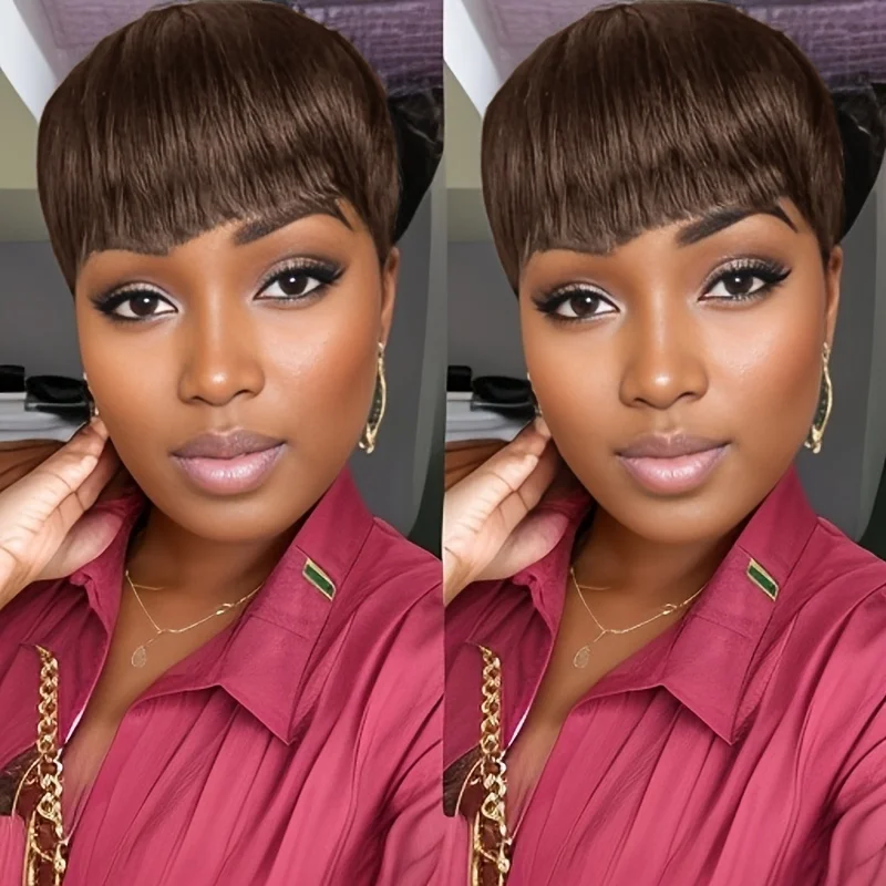 

Short Pixie Cut Wig Straight Human Hair For Women Full Machine Made Wigs With Bangs Brown 99j 1b Pixi Short Wigs