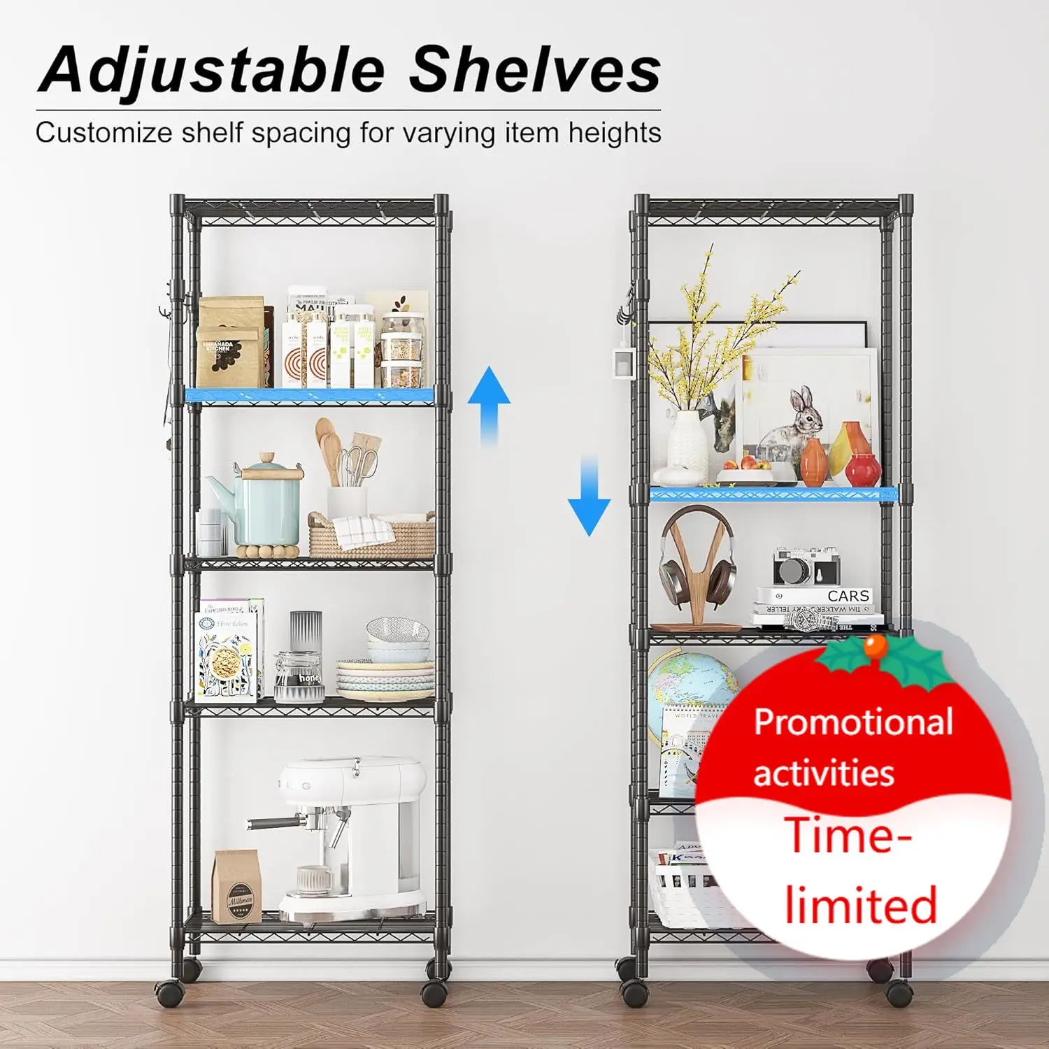 

Homdox 5 Tier Wire Shelving Unit on Wheels, Adjustable Storage Racks and Shelving, Heavy Duty Rolling Metal Shelves with Side Ho