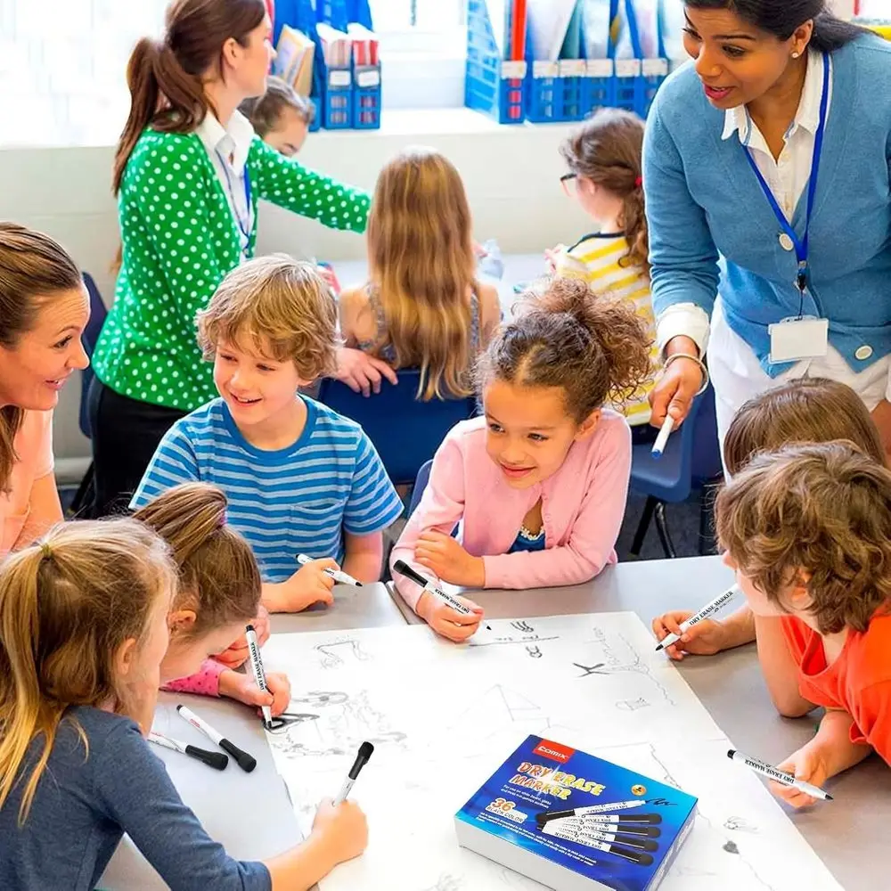 مجموعة من 4 أقلام تحديد للمسح الجاف باللون الأسود، 36 قطعة لكل منها، إجمالي 144، طرف إزميل للسبورات البيضاء - مثالية للفصول الدراسية والمكتب #2