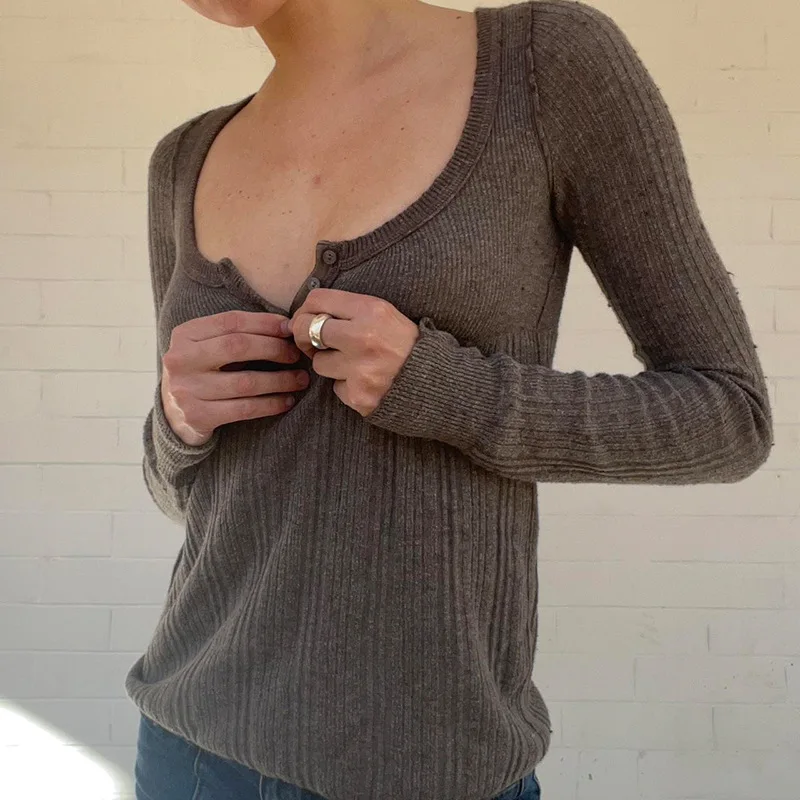 

Square Collar Button Slim Fit Sweater 2024 Autumn And Winter New Item Solid Color Slimming Versatile Casual Base Spicy Girl