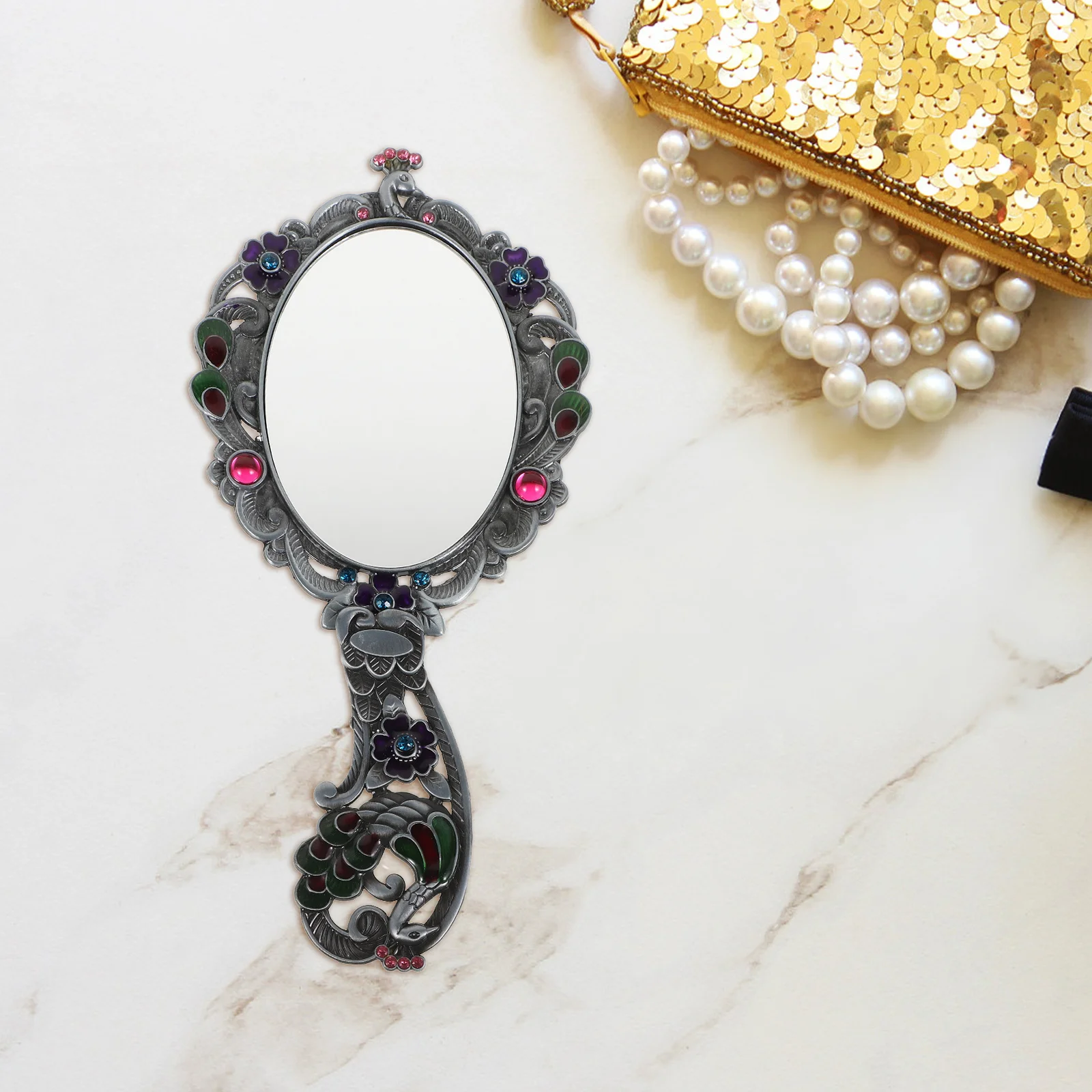 مرآة بيضاوية عتيقة قابلة للطي، مرآة يد للمكياج ذات رؤية واضحة، تصميم مدمج محمول للسفر والمكتب والاستخدام الخارجي #5