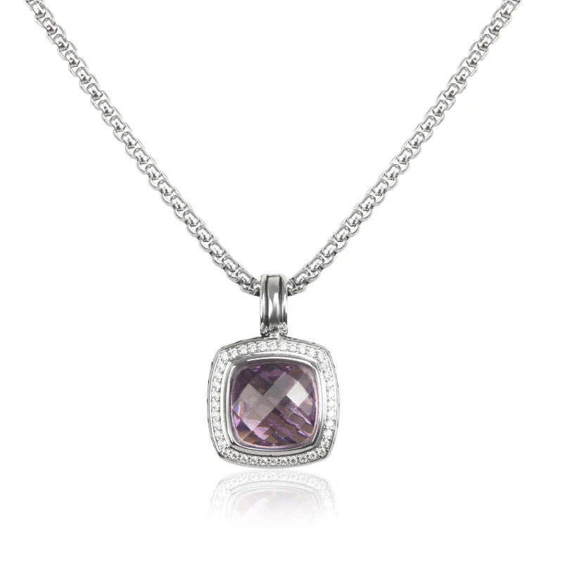 

14mm Square Purple Zircon Stone Necklace And Pendants Copper Neck Box Chain Vintage Jewelry Accessories for Party