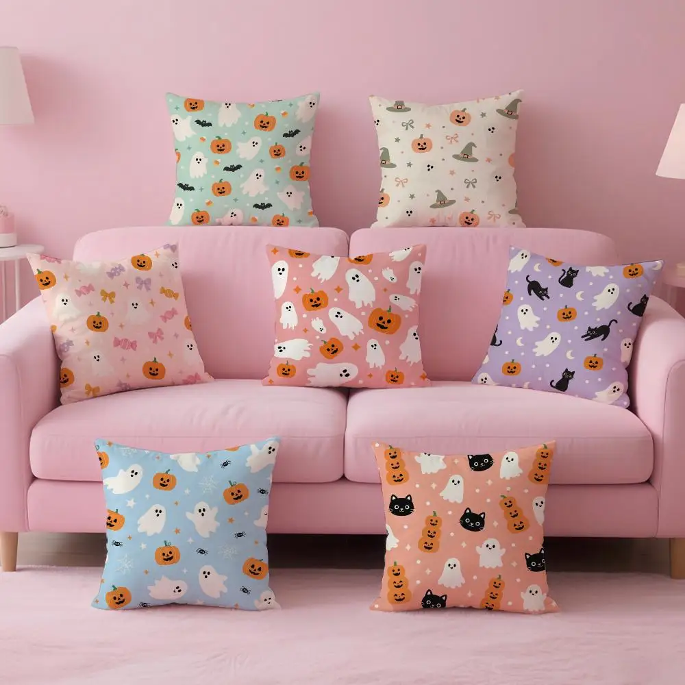Macaron Cartoon Halloween Seamless Cushion Cover Comfortable Double Sided Pillow Cover For Car Sofa Bedroom & More