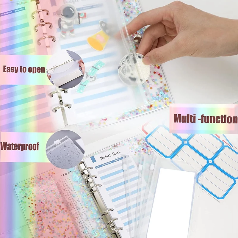 Notebook Binder,12 โปร่งใส Binder กระเป๋าซิป,กระเป๋าใบหลวม,6-Ring Binder, งบ Budget ซองจดหมายหัวเข็มขัด