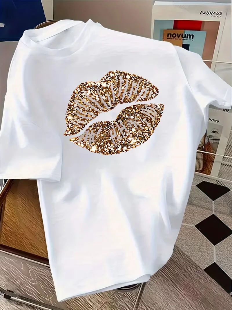 Gold Lips Leopard print T-Shirt for Women, Front & Back Design, Casual Crew Neck Short Sleeve, Versatile Daily Top 2D flat