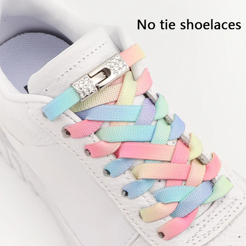 Rainbow No Tie Shoelaces Adults Kids 8MM Wide Flats Rubber Shoelace Elastic Sneaker Laces Diamond Cross buckle Shoe Accessories