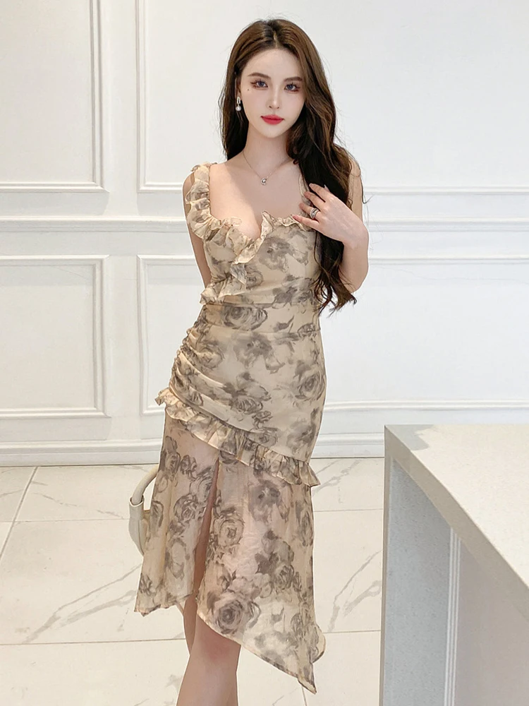 Fashion Irregular Summer Elegant Women Evening Dress Chic Flower Sexy Low Cut Slim Midi Party Prom Beach Mujer Vestidos Clothes