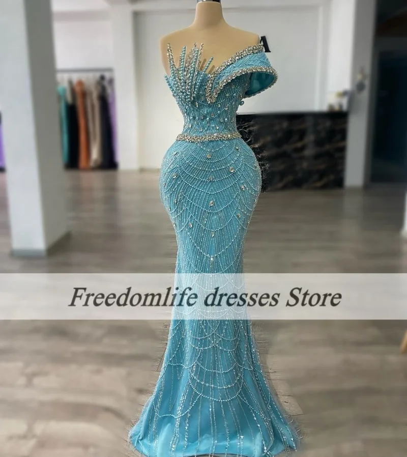 Light Blue Evening Dresses For Women Luxury Beading Crystal Wedding Party Dress Guests Short Sleeves Prom Gowns Customized