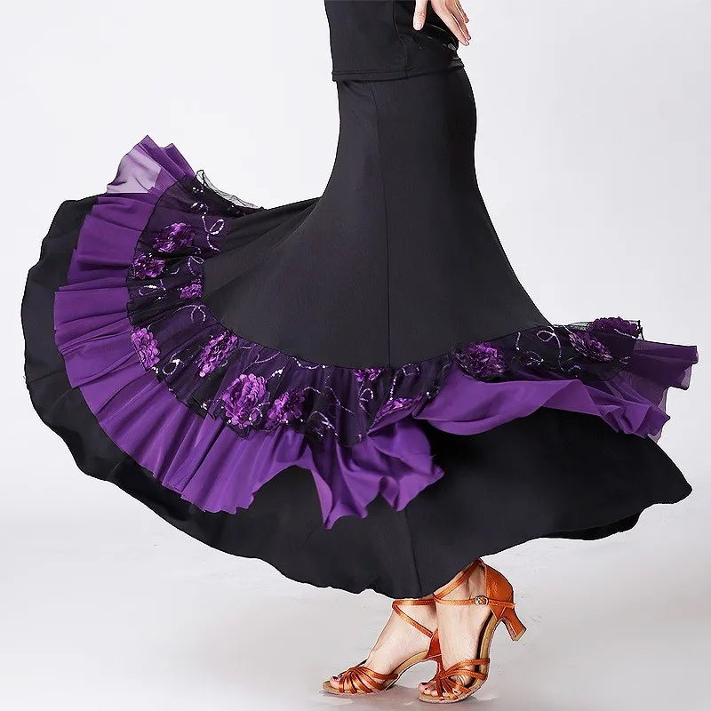 Women Flamenco Ballroom Practice Dress Spanish Fancy Belly Dance Wear Sequin Flower Embroidery Ruffle Big Wing Gypsy Stage Skirt