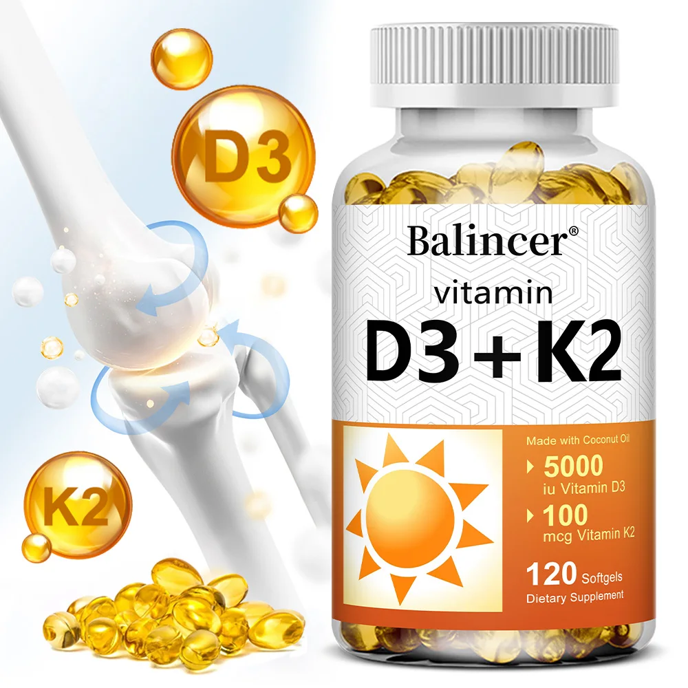 

Vitamin D3 5000IU + K2 MK-7 100mcg Capsules, Bone, Heart Health, Calcium Absorption, Immune System Support, Promote Brain Health
