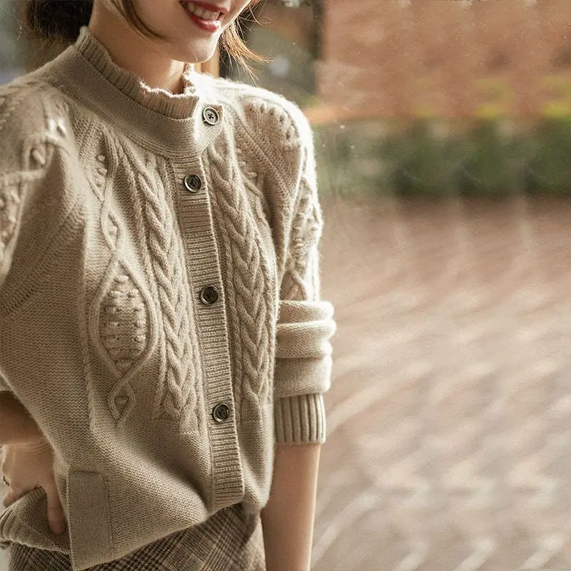 2023 Autumn and Winter New Half High Collar Long Sleeve Heavy Duty Knitted Cardigan Short Sweet Office Lady Comfortable Outwear