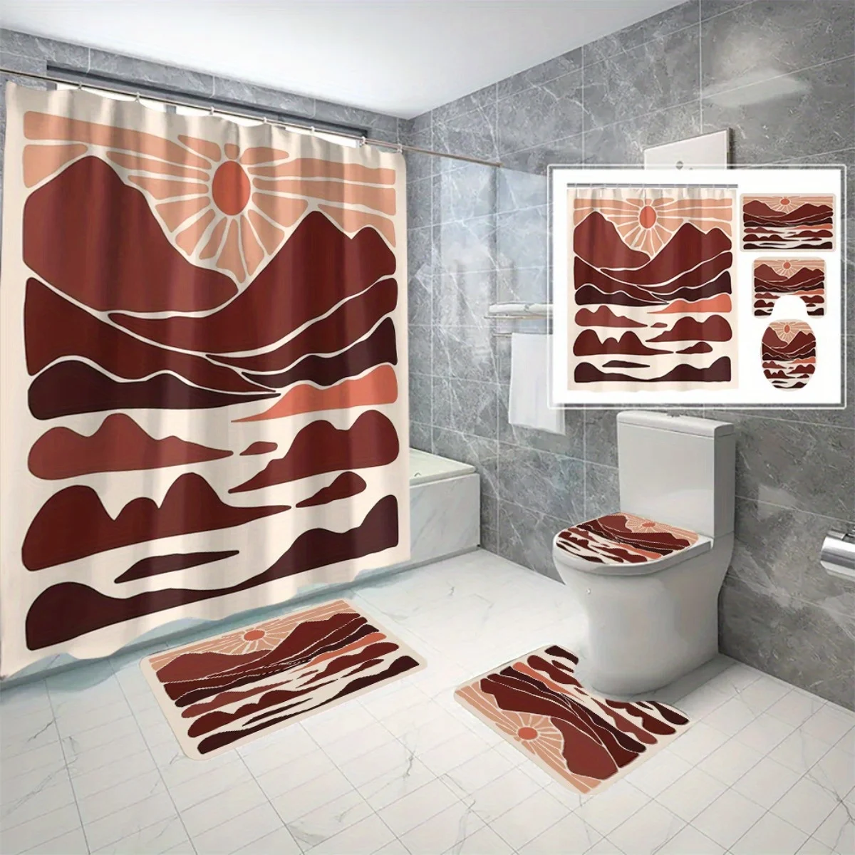 

4pc Abstract Mountain View and Sun Home Decor Shower Curtain Set Polyester Printed Shower Curtain No Punching Partition Bathroom