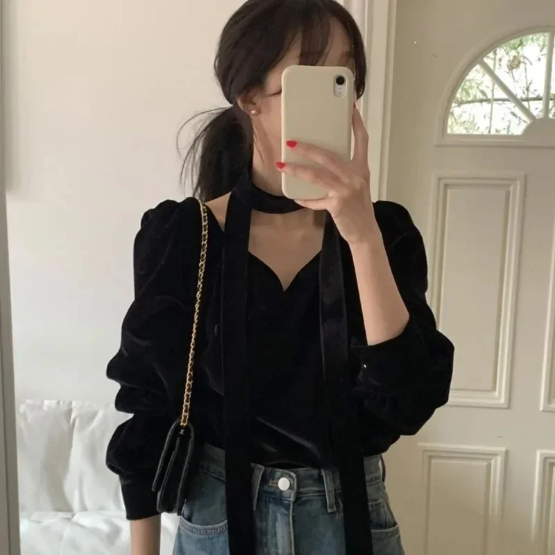 V-neck Long Sleeve 2024 Woman Shirts & Blouses Velvet Ropa Mujer Temperament Blusas Autumn New Camisas Feminino Elegant Blusa