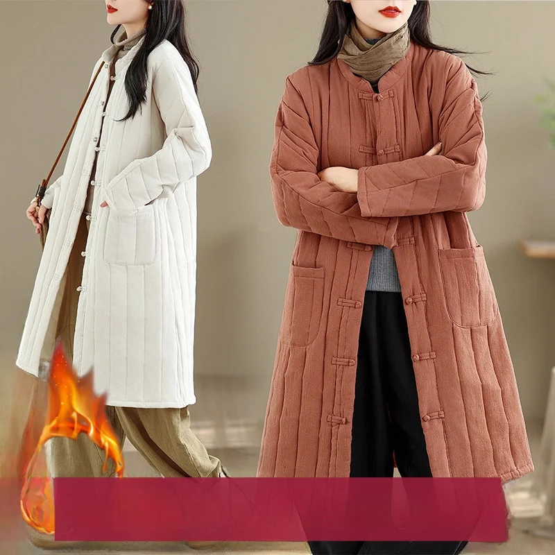 جديد الصينية Sle المرأة Thiened القطن Jaet شتاء جديد الكتان منتصف طول الرجعية زر القطن معطف الركبة طول اللون