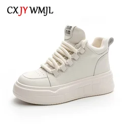 CXJYWMJL Genuine Leather Women High Top Sneakers Autumn Winter Casual Vulcanized Shoes Ladies Lace-up Thick Soled Ankle Boots