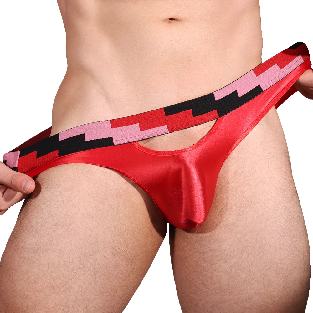 

Men's Front Hollow Underwear Smooth Shiny Elastic Color Blocked Lifting Skin Friendly Low Waist Lingerie Wide Waistband Briefs