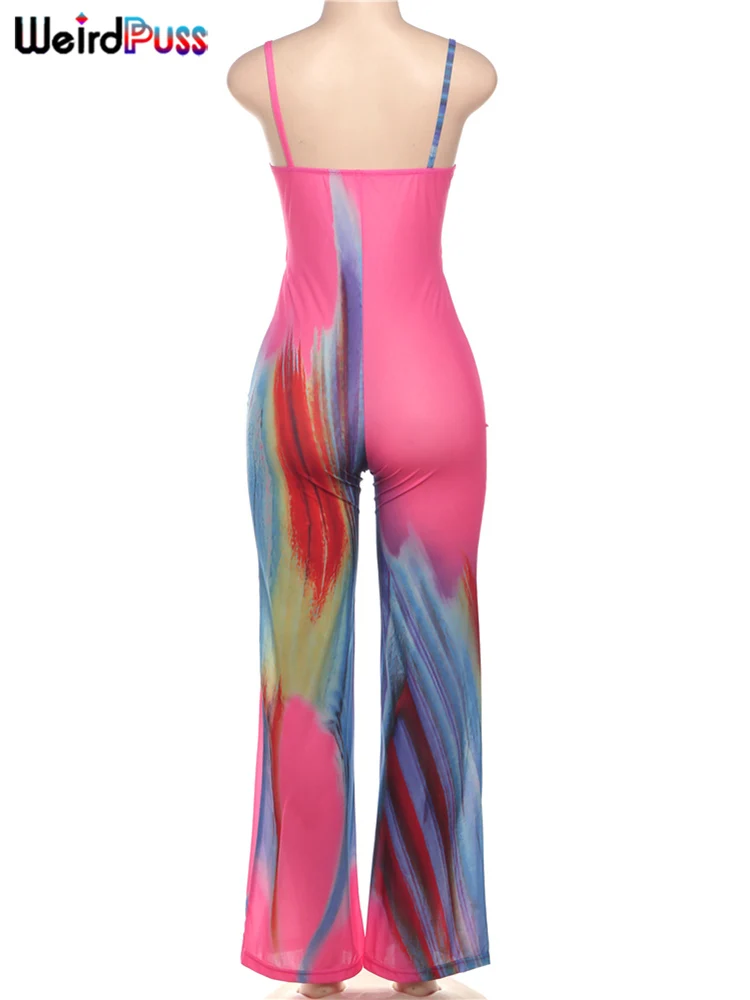 Weird Puss Colorful Print Jumpsuits Women See Through Summer Hollow Cirque Button Sleeveless Fitness Midnight Clubwear Overalls