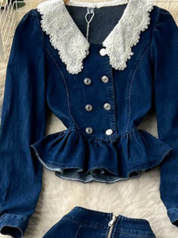 EWQ Sweet Casual Women Two-piece Set Solid Color Peter Pan Collar Lace Flower Denim Skirt Suit Spring Summer 2023 New SN0973