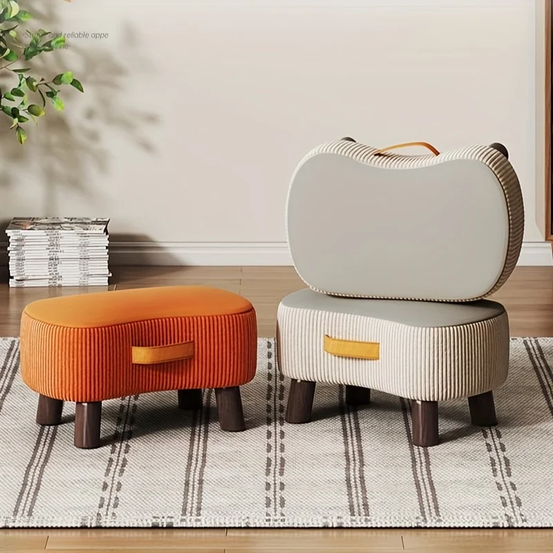 Chic White & Orange Polyester-Covered Wooden Footstool - Versatile Shoe Changing Stool for Living Room, Bedroom image 2