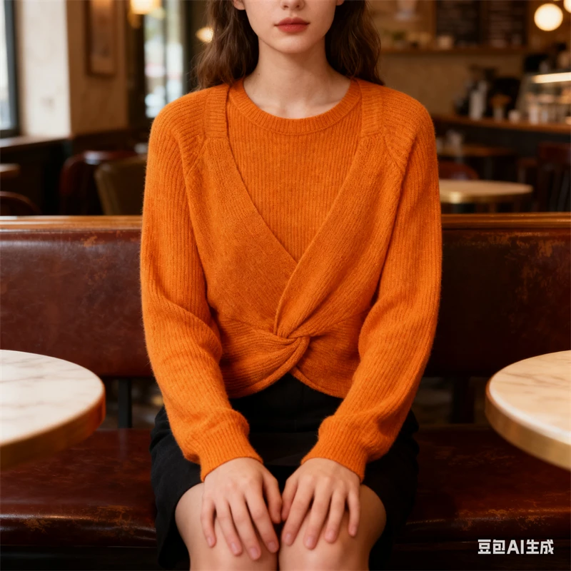 سترة نسائية محبوكة من الأمام باللون البرتقالي - سترة قصيرة بأكمام طويلة لفصل الخريف والشتاء #6