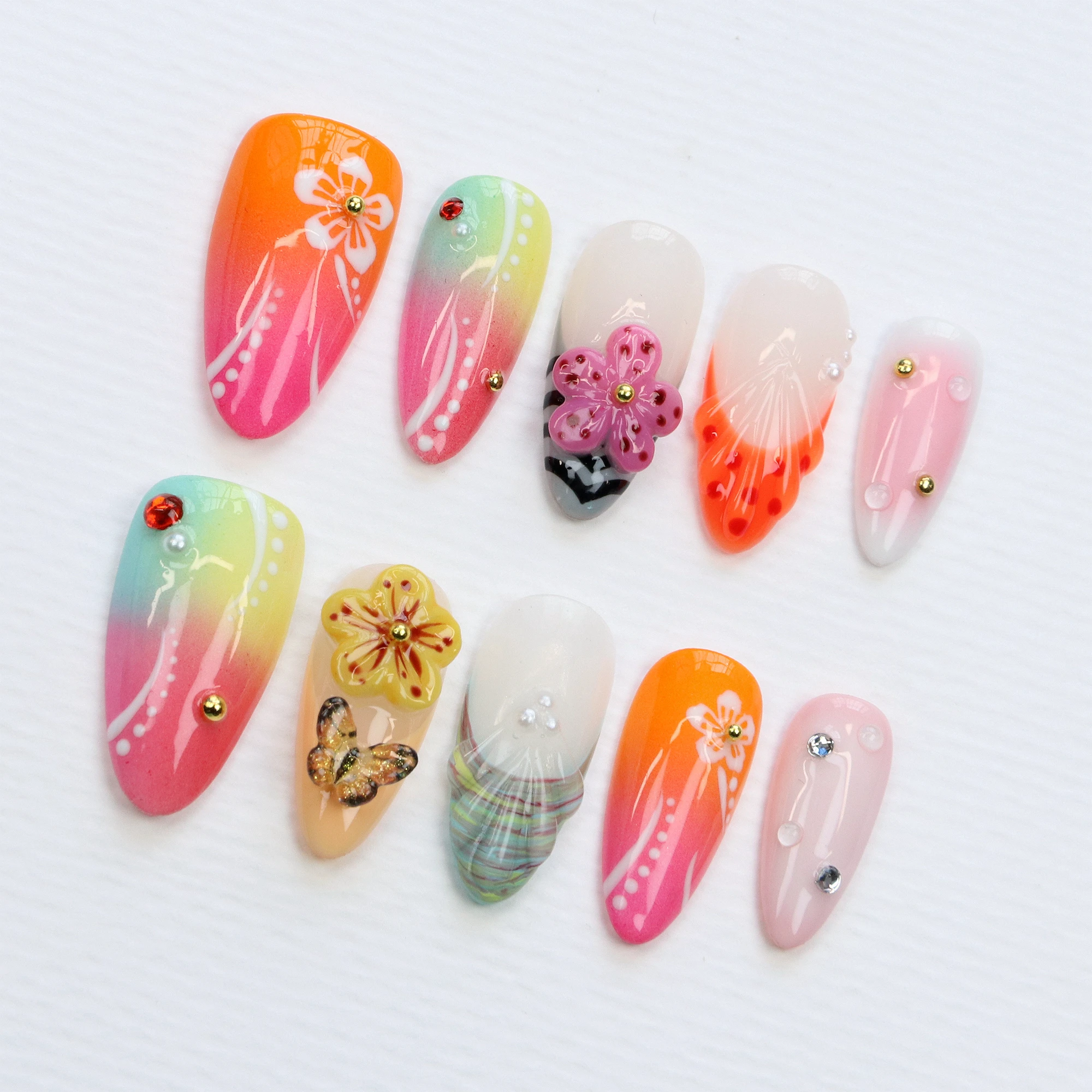 10 pièces Aloha Bloom Beach Vibe 3D fleur colorée amande presse sur les ongles, pointe française personnalisée, printemps été, cadeau de vacances