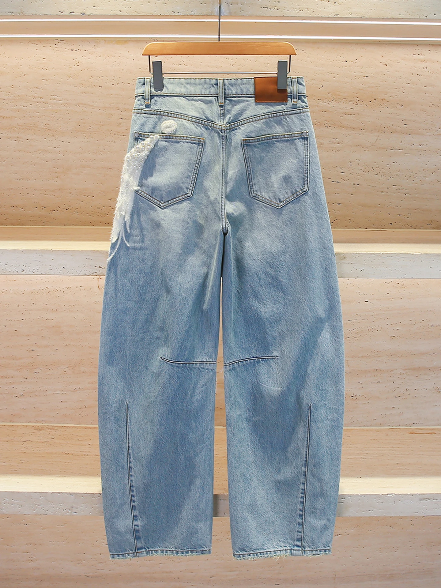 High-End Dames Denim Wijde Pijpen Broek Zware Versiering Taille Ontwerp Casual Sle Hoge Taille Rits Blauwe Kleur