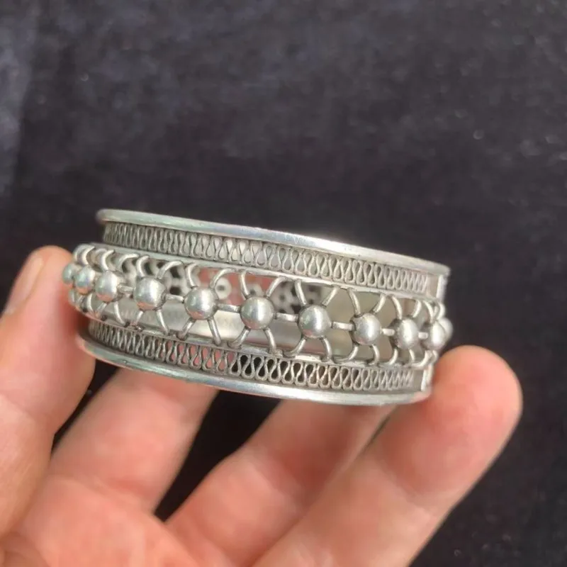 Retro Tone Handmade Miao Dong Ethnic Silver Bangle Hand‑Carved Pattern Vintage Folk Wrist Accessory